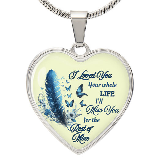 Blue Feather Heart-shaped Memorial Necklace - Engraved Letter Detail Pendant, A Symbol of Enduring Love and Missed Memories, Perfect Thoughtful Gift for Sympathy and Remembrance